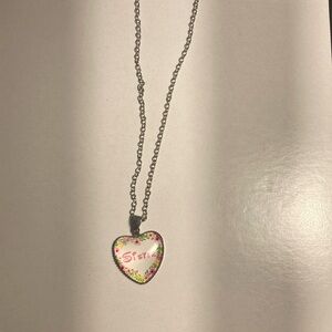 Silver and Pink Heart Pendant Necklace "Sister" with Floral Background